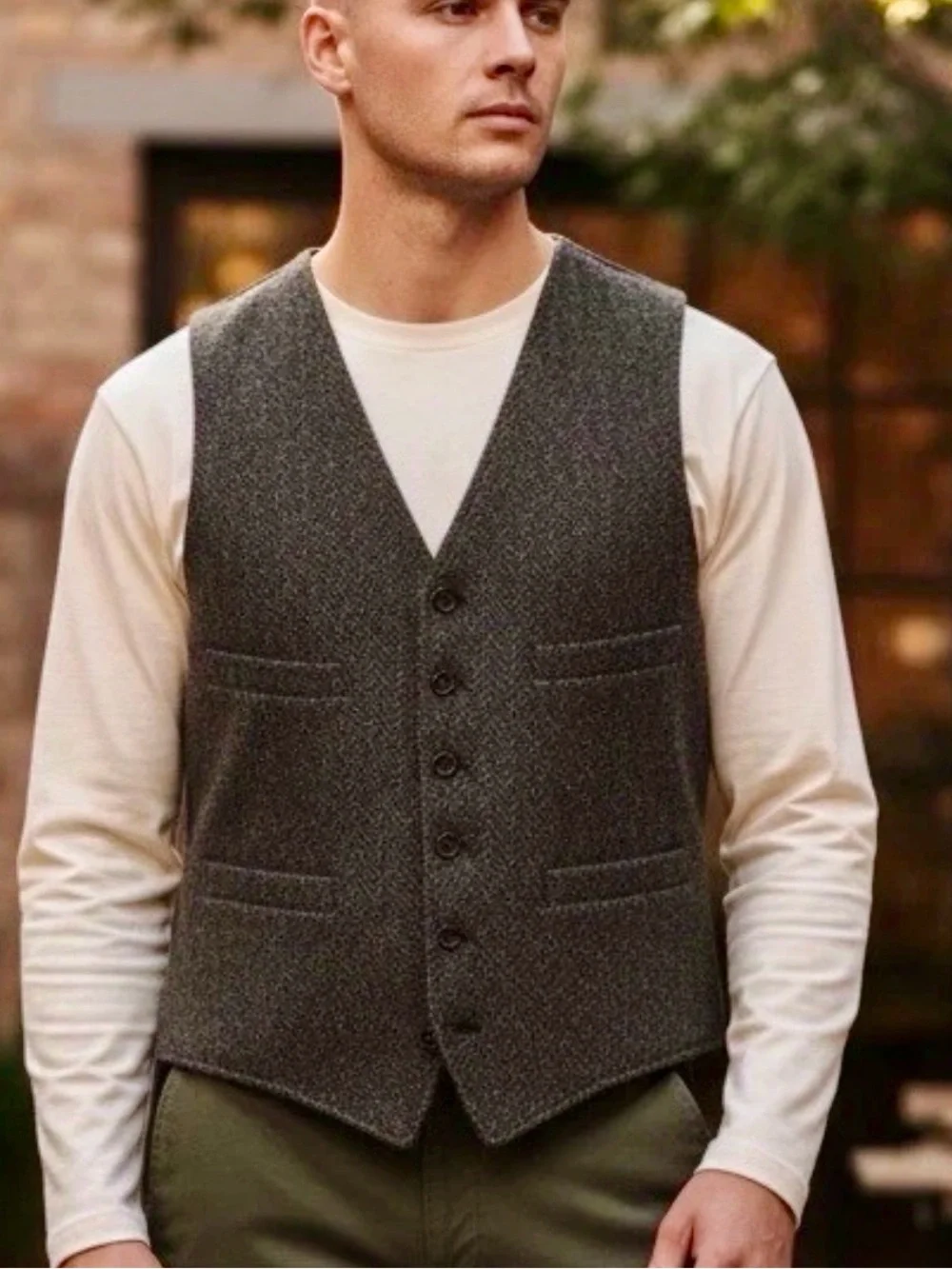 J CREW Gray w/BLACK HERRINGBONE PATTERN Lined WOOL Pockets PREPPY Vest Large